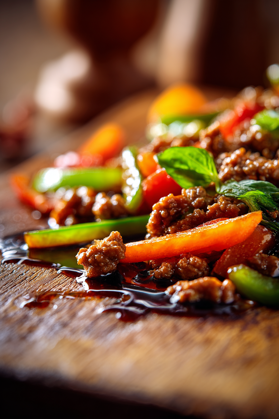 Close-up image of ground turkey teriyaki stir fry with vibrant vegetables and glossy sauce on a rustic wooden surface in warm natural light.