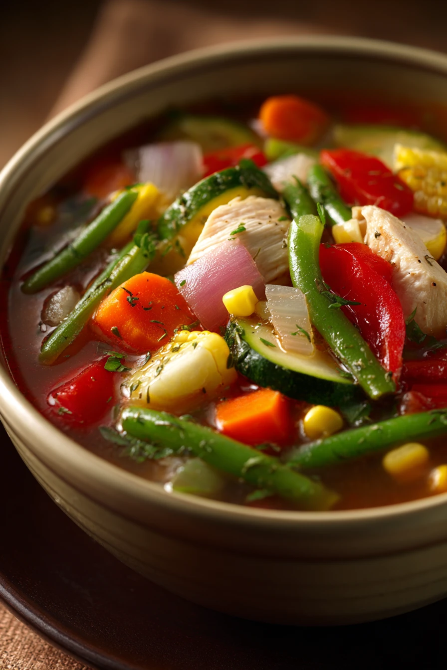 Close-up of hearty chicken vegetable soup with chunks of chicken, carrots, and herbs in a warm broth.