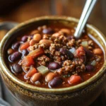 Close-up of hearty chili in a crock pot slow cooker with beans and spices