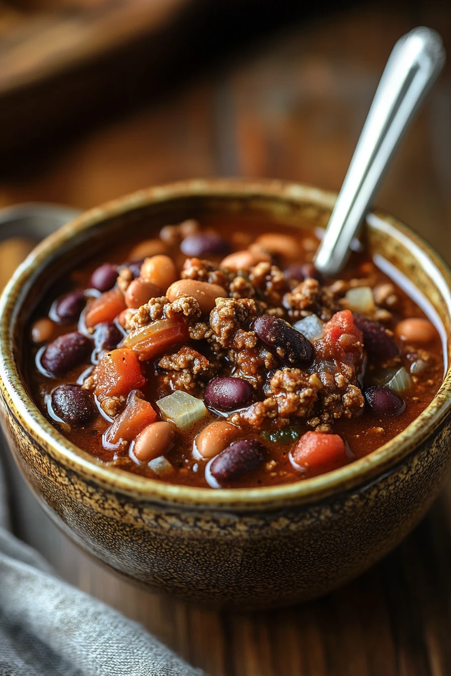 Close-up of hearty chili in a crock pot slow cooker with beans and spices