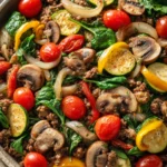 Close-up of a hearty ground beef dinner served in a rustic bowl with herbs