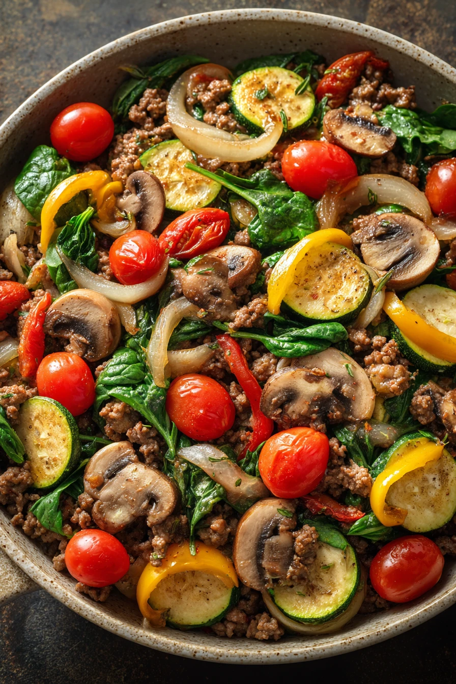 Close-up of a hearty ground beef dinner served in a rustic bowl with herbs