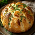 Close-up of freshly baked herb bread with a golden crust and sprinkled herbs