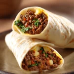Close-up of a high protein beef and potato burrito with bright natural lighting