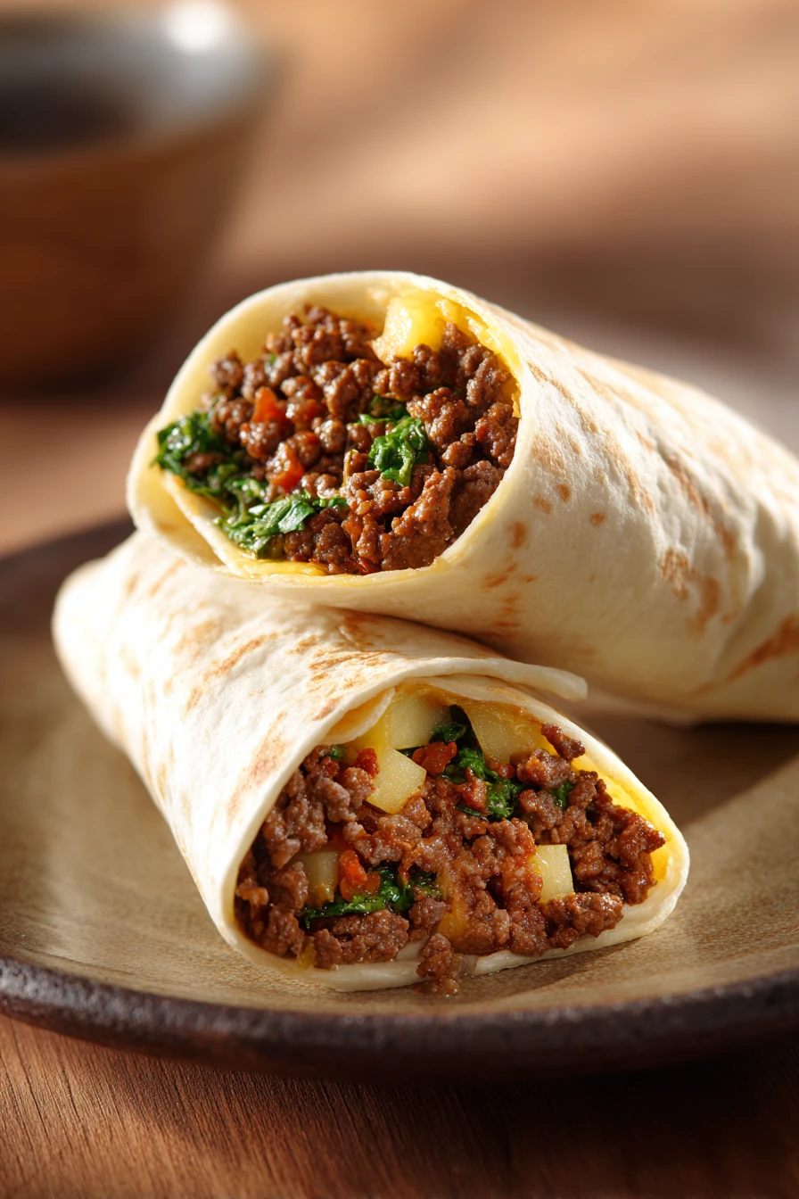 Close-up of a high protein beef and potato burrito with bright natural lighting