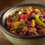 Close-up of a hearty beef chili with visible textures and warm lighting