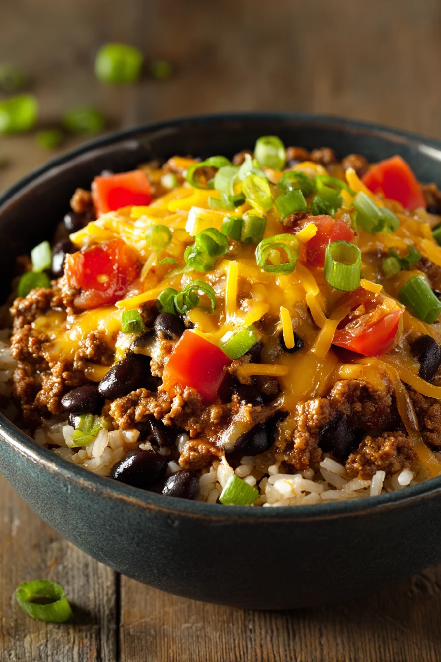 Close-up of high protein beef enchilada bowls with vibrant toppings and warm lighting.