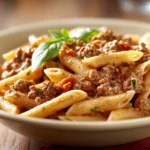Close-up of a savory beef pasta dish with rich sauce and herbs, perfect for high protein meals.