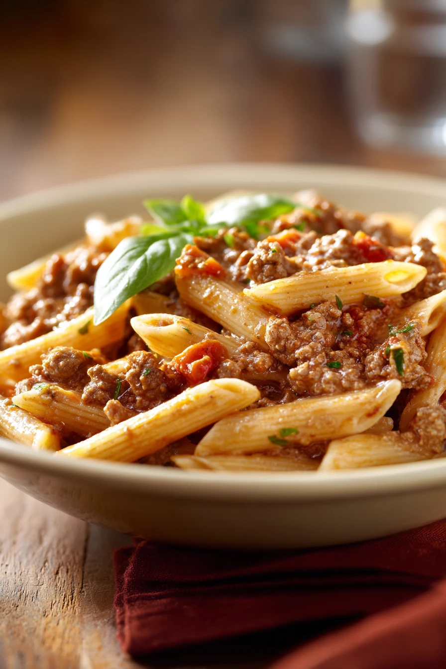 Close-up of a savory beef pasta dish with rich sauce and herbs, perfect for high protein meals.