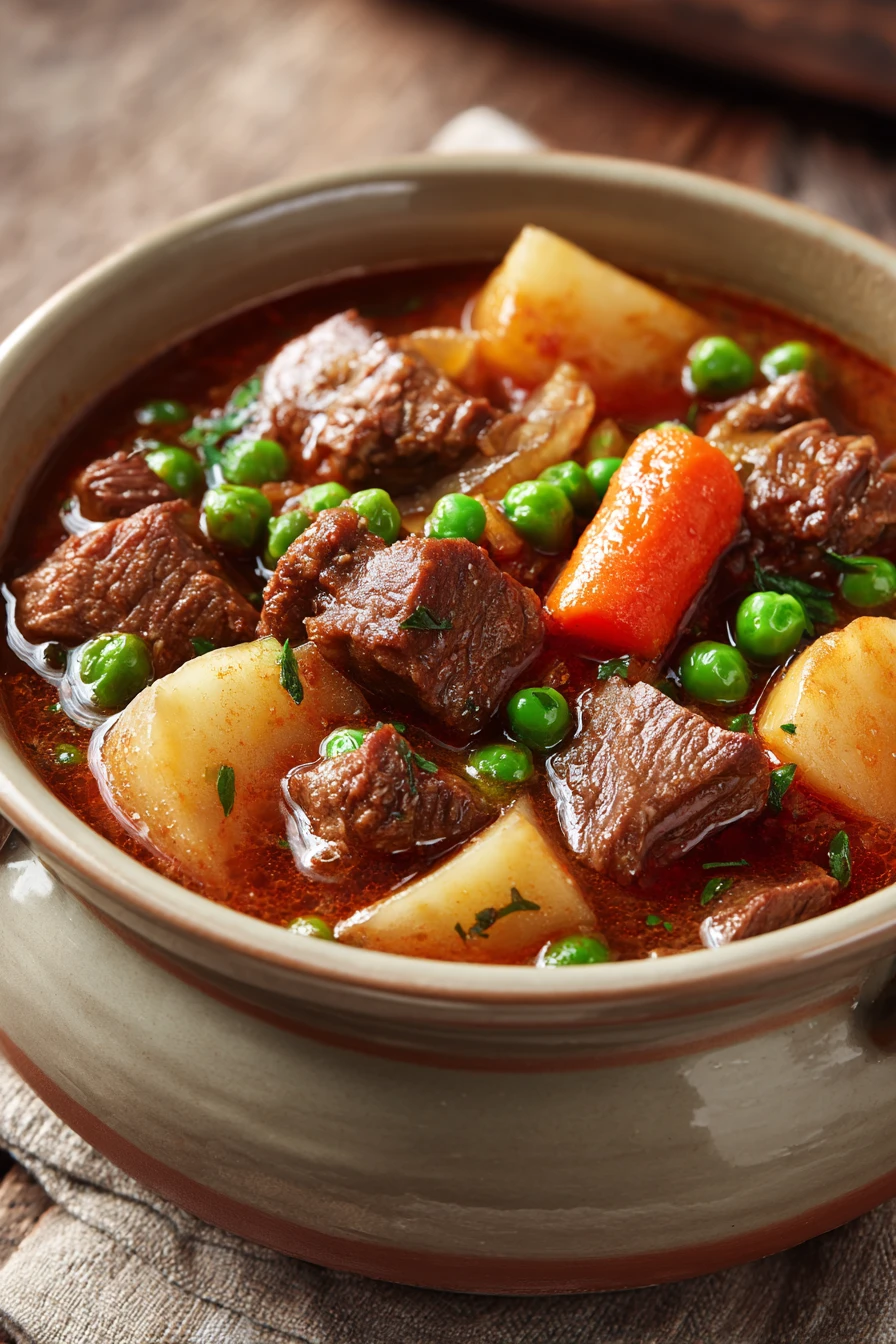 Close-up of a hearty beef stew in an instant pot with visible chunks of beef and vegetables.