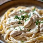 Close-up of high protein chicken fettuccine alfredo with creamy sauce