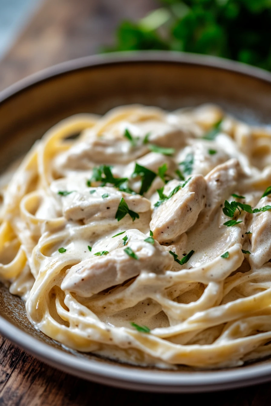 Close-up of high protein chicken fettuccine alfredo with creamy sauce