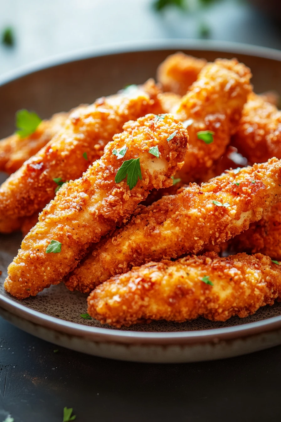 Close-up of crispy high protein chicken fries on a plate with minimal background.