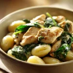 Close-up of high protein chicken gnocchi with creamy sauce and herbs