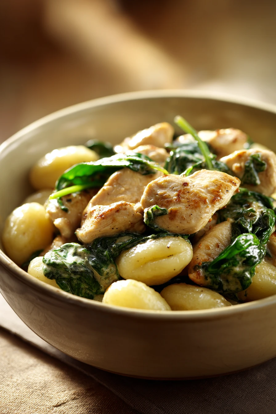 Close-up of high protein chicken gnocchi with creamy sauce and herbs