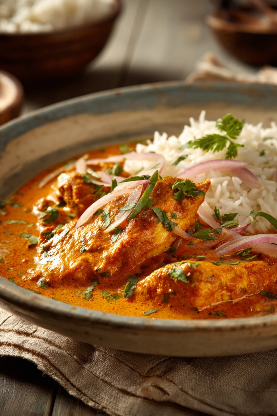 Close-up of creamy chicken tikka masala with bright, warm lighting