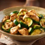 Close-up of a high protein chicken dish with zucchini, garnished with herbs.