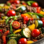 Close-up of a high protein low carb dish with ground beef, garnished with herbs.