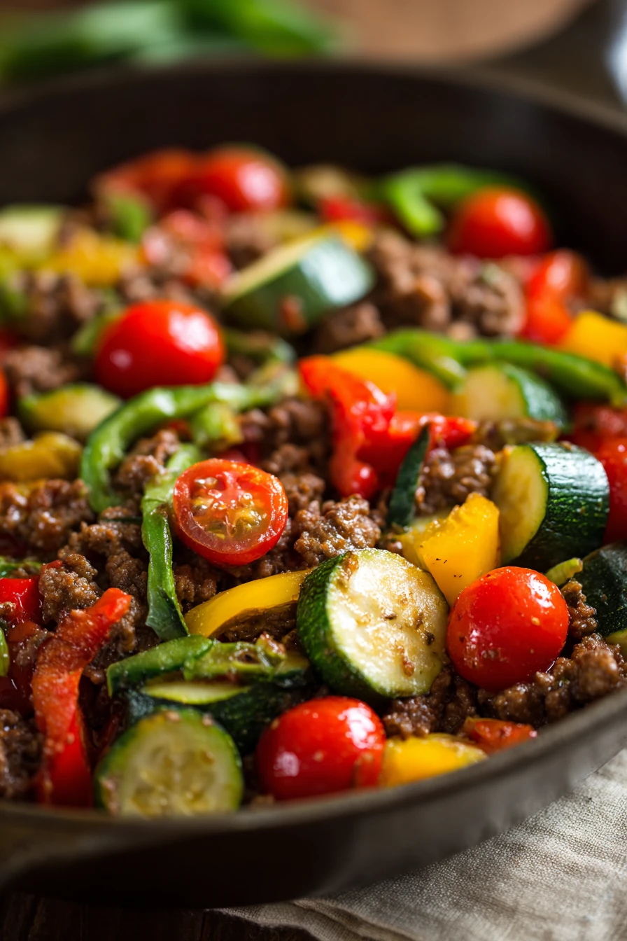 Close-up of a high protein low carb dish with ground beef, garnished with herbs.