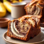 Close-up of homemade cinnamon swirl banana bread with a golden crust and visible cinnamon swirls.