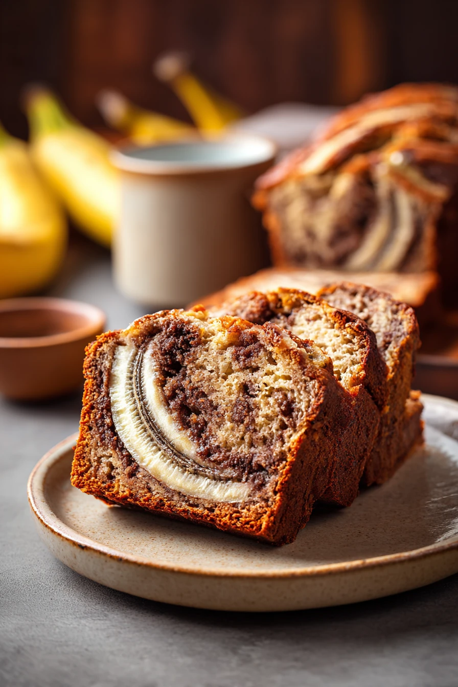 Close-up of homemade cinnamon swirl banana bread with a golden crust and visible cinnamon swirls.