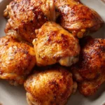 Close-up of honey glazed chicken thighs cooked in an air fryer, with a golden brown finish.