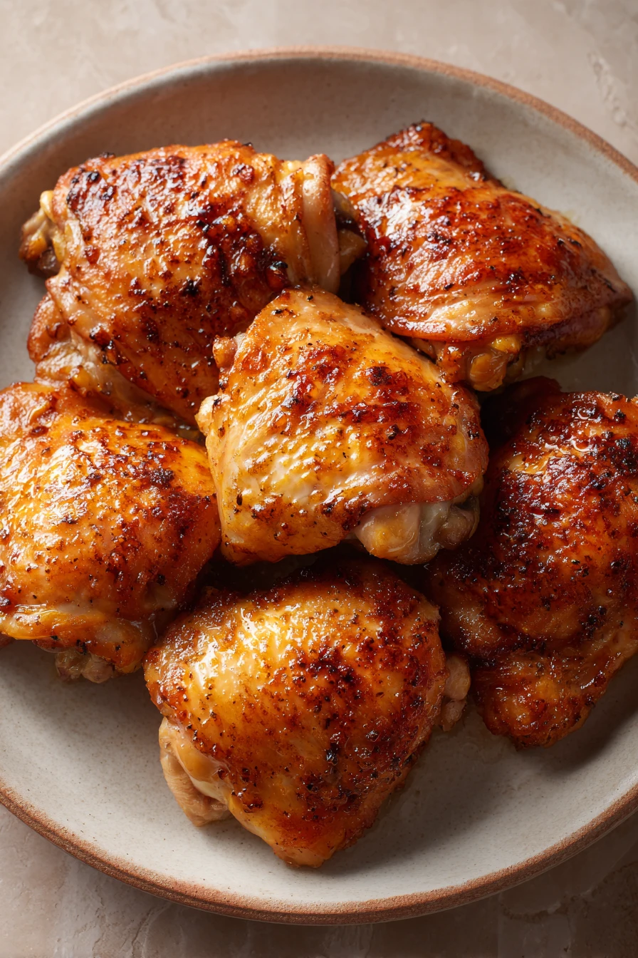 Close-up of honey glazed chicken thighs cooked in an air fryer, with a golden brown finish.