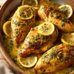Close-up of honey lemon chicken skillet with golden brown chicken pieces and lemon slices.
