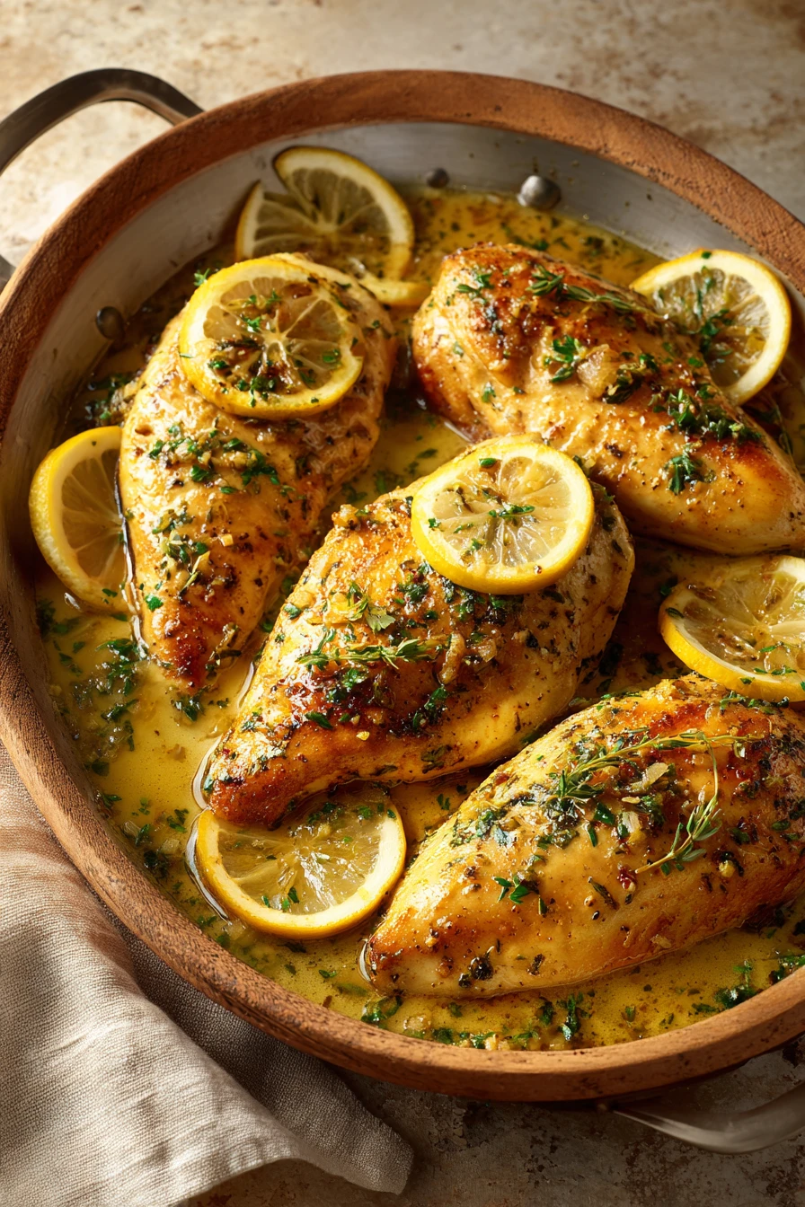 Close-up of honey lemon chicken skillet with golden brown chicken pieces and lemon slices.