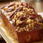 Close-up of delicious hummingbird banana bread with nuts and frosting