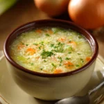 Close-up of Italian Penicillin Soup with visible herbs and vegetables in a bright setting.