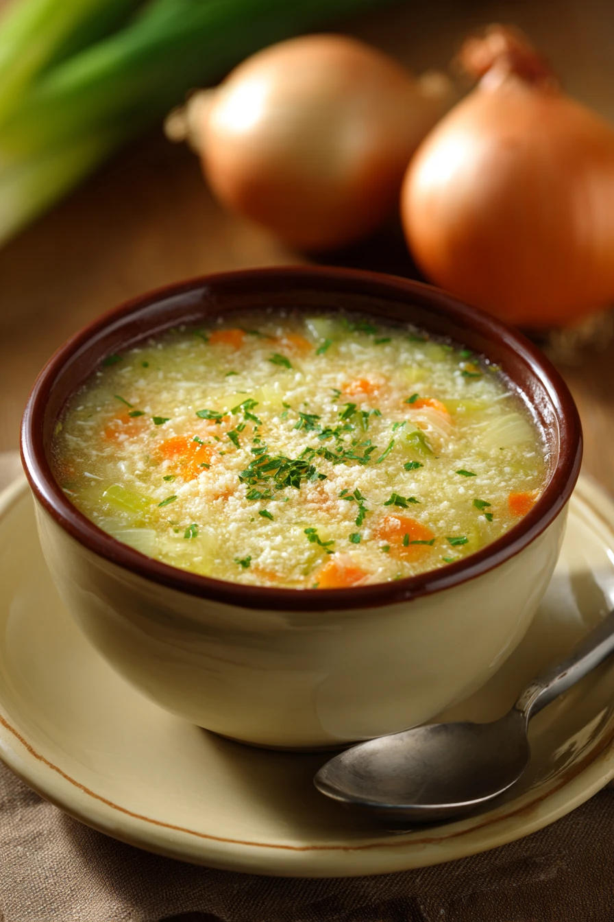 Close-up of Italian Penicillin Soup with visible herbs and vegetables in a bright setting.