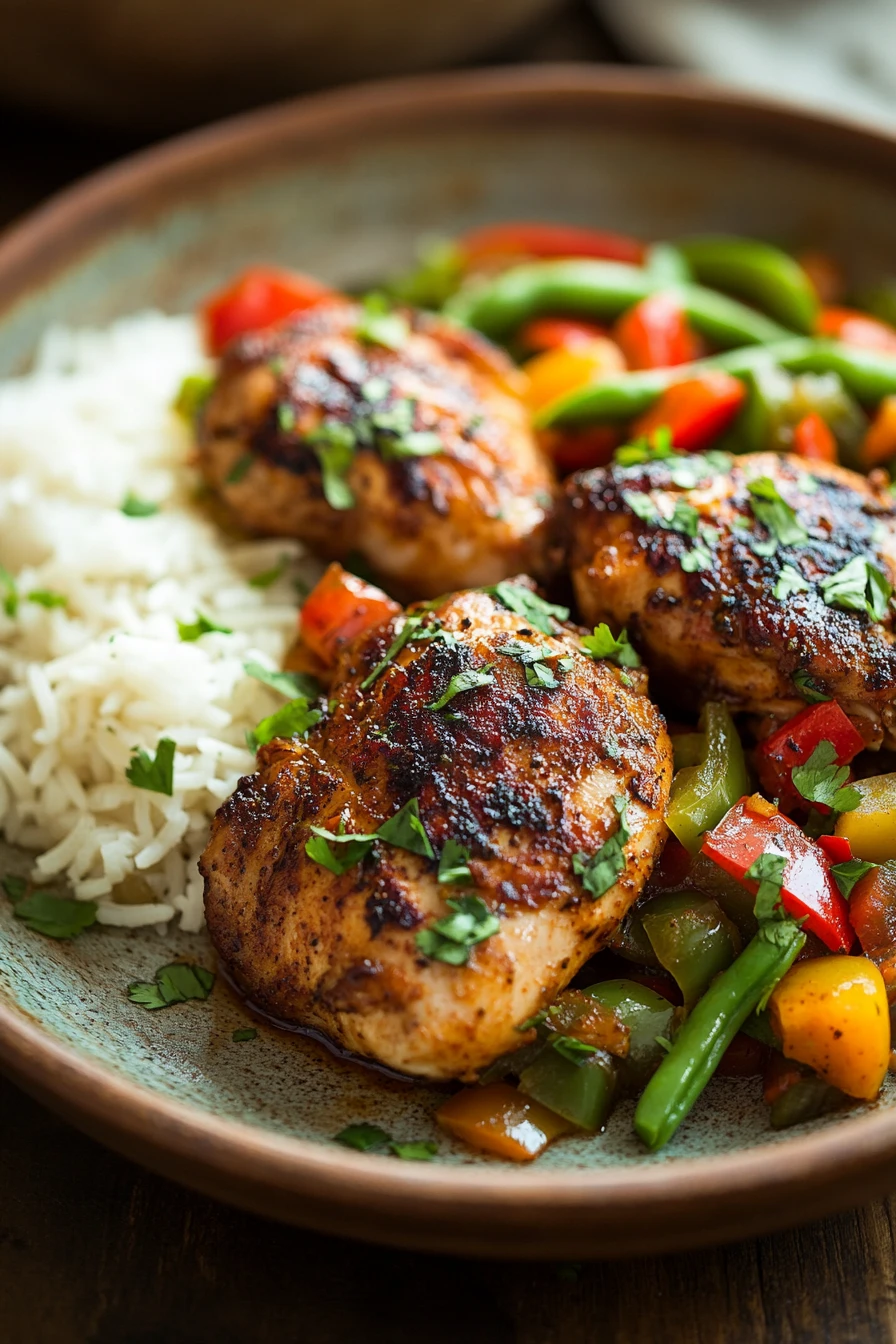 Close-up of jerk chicken with a creamy sauce, perfect for a freezer meal.
