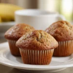 Close-up of a jumbo banana muffin with a golden brown top and soft texture.