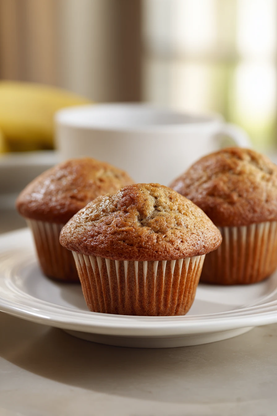Close-up of a jumbo banana muffin with a golden brown top and soft texture.
