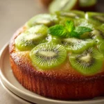 Close-up of a kiwi yogurt cake with fresh kiwi slices on top, bright and appetizing.