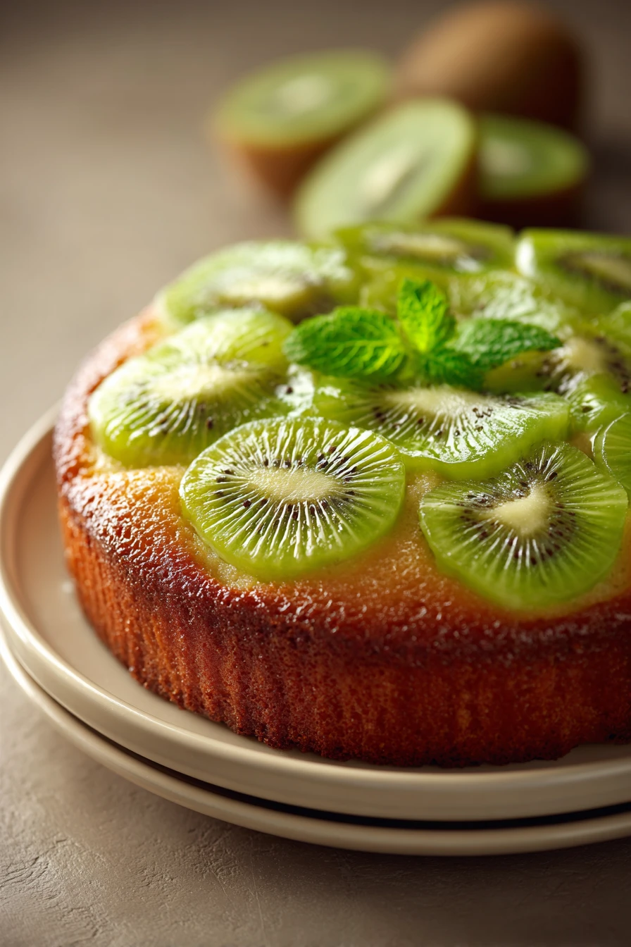 Close-up of a kiwi yogurt cake with fresh kiwi slices on top, bright and appetizing.