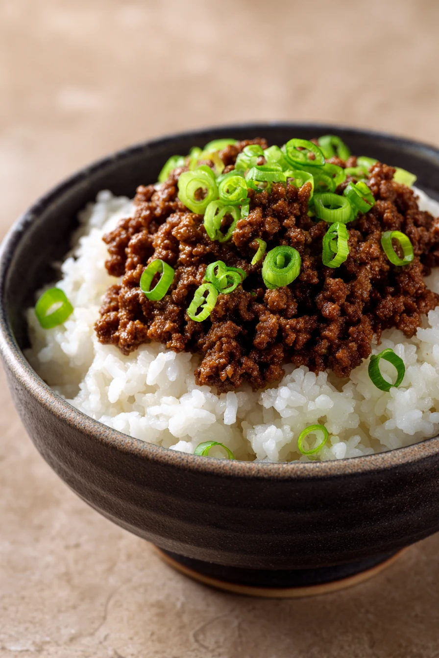 Close-up of a Korean Ground Beef Bowl with rice, vegetables, and sesame seeds.