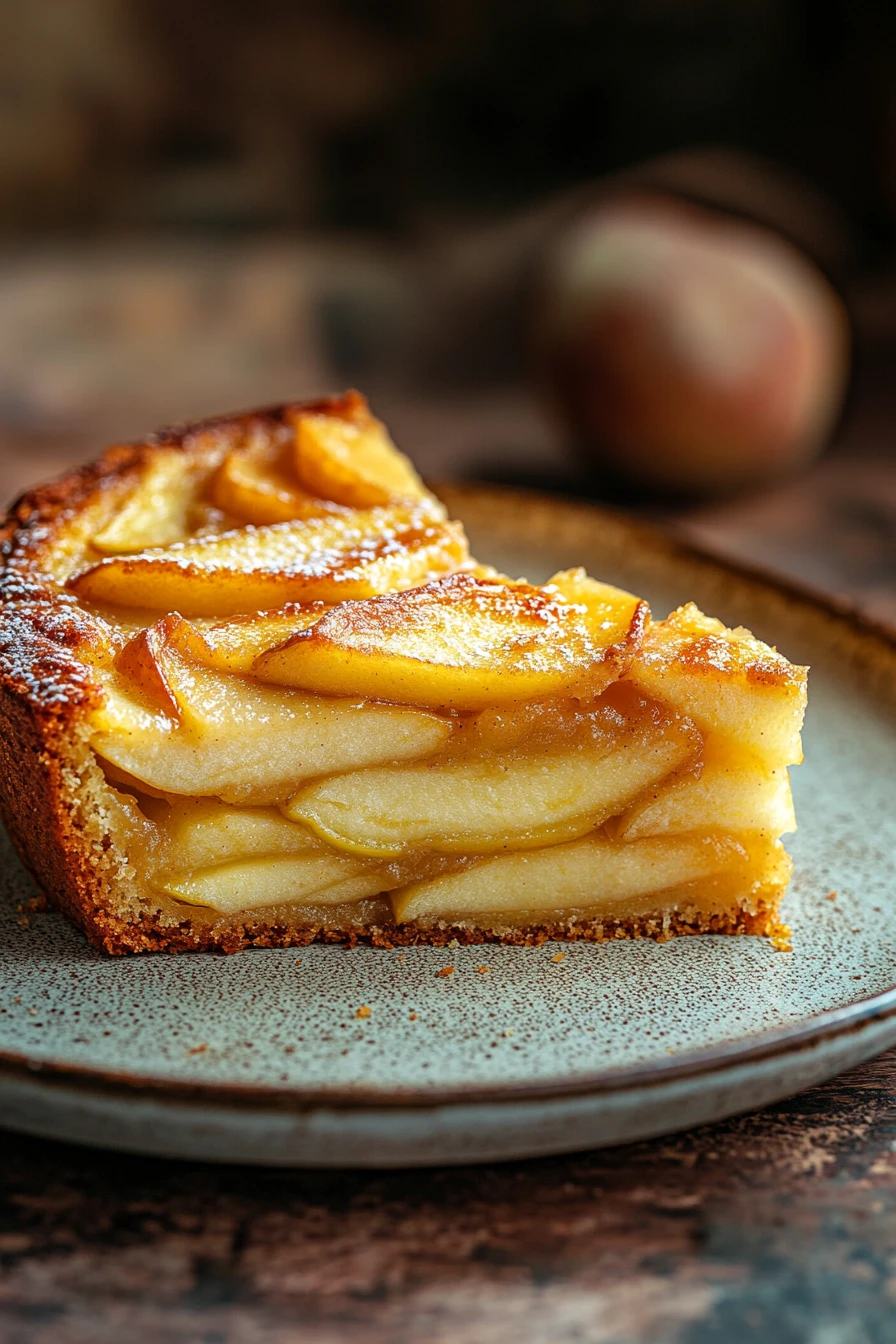 Close-up of a layered protein apple cake with visible textures and a clean background