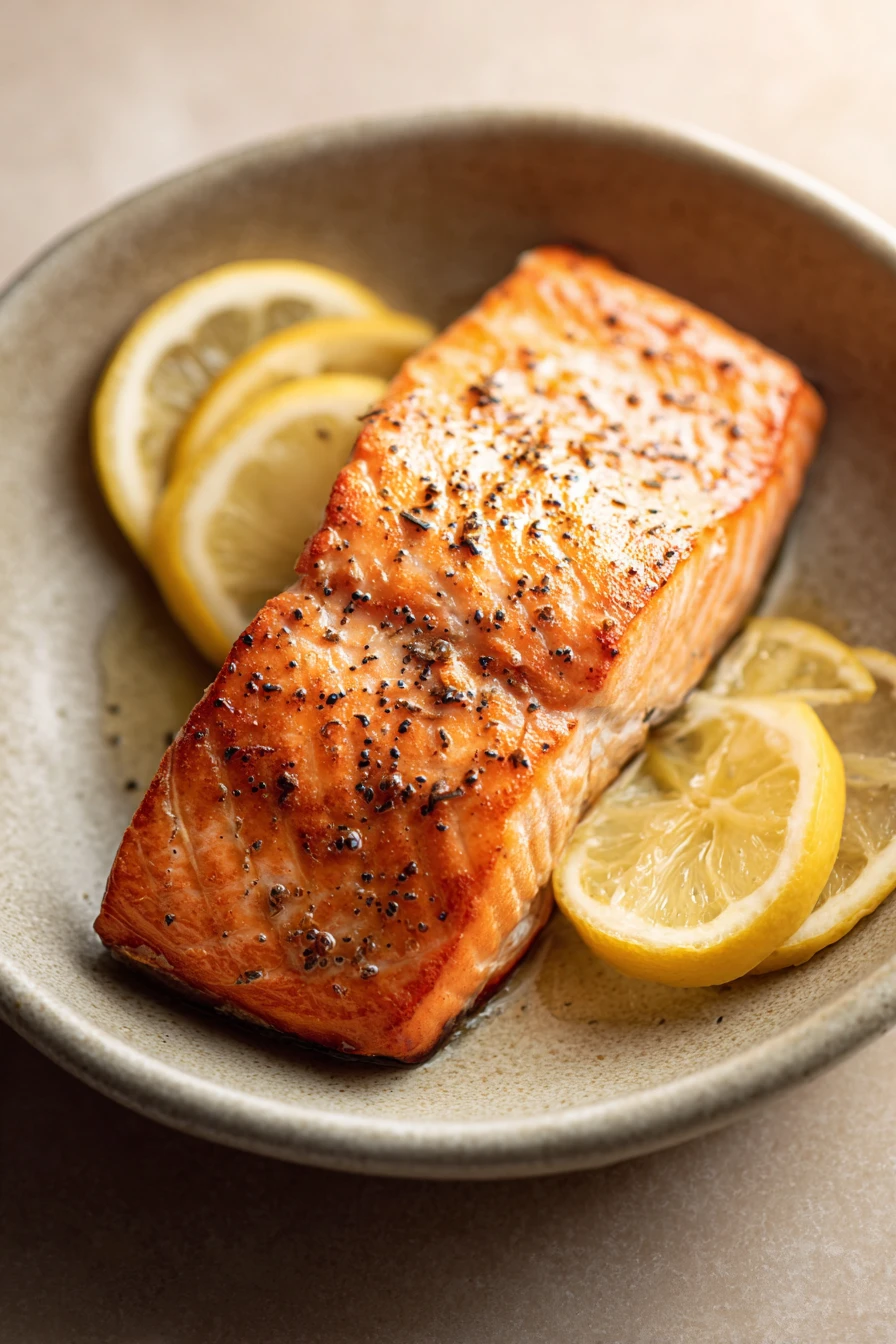 Close-up of lemon air fryer salmon with bright natural lighting
