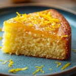 Close-up of a lemon box cake with jello on a plate, showcasing vibrant colors and textures.