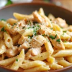 Close-up of lemon chicken pasta dinner with creamy sauce and herbs