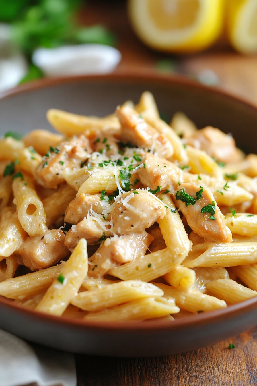 Close-up of lemon chicken pasta dinner with creamy sauce and herbs