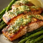 Close-up of Lemon Herb Butter Salmon and Asparagus with bright natural lighting