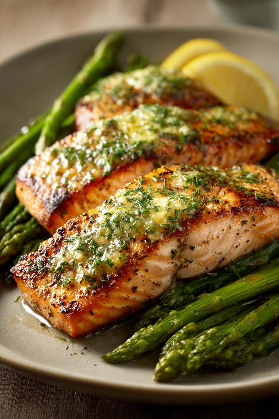 Close-up of Lemon Herb Butter Salmon and Asparagus with bright natural lighting