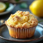 Close-up of a lemon muffin crumble with a golden brown top and bright lighting.