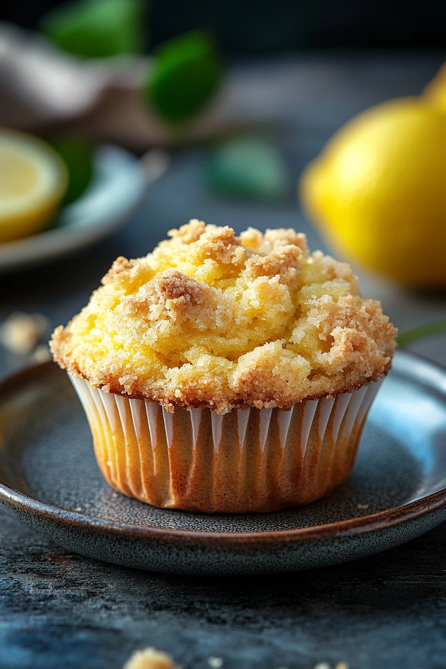 Close-up of a lemon muffin crumble with a golden brown top and bright lighting.