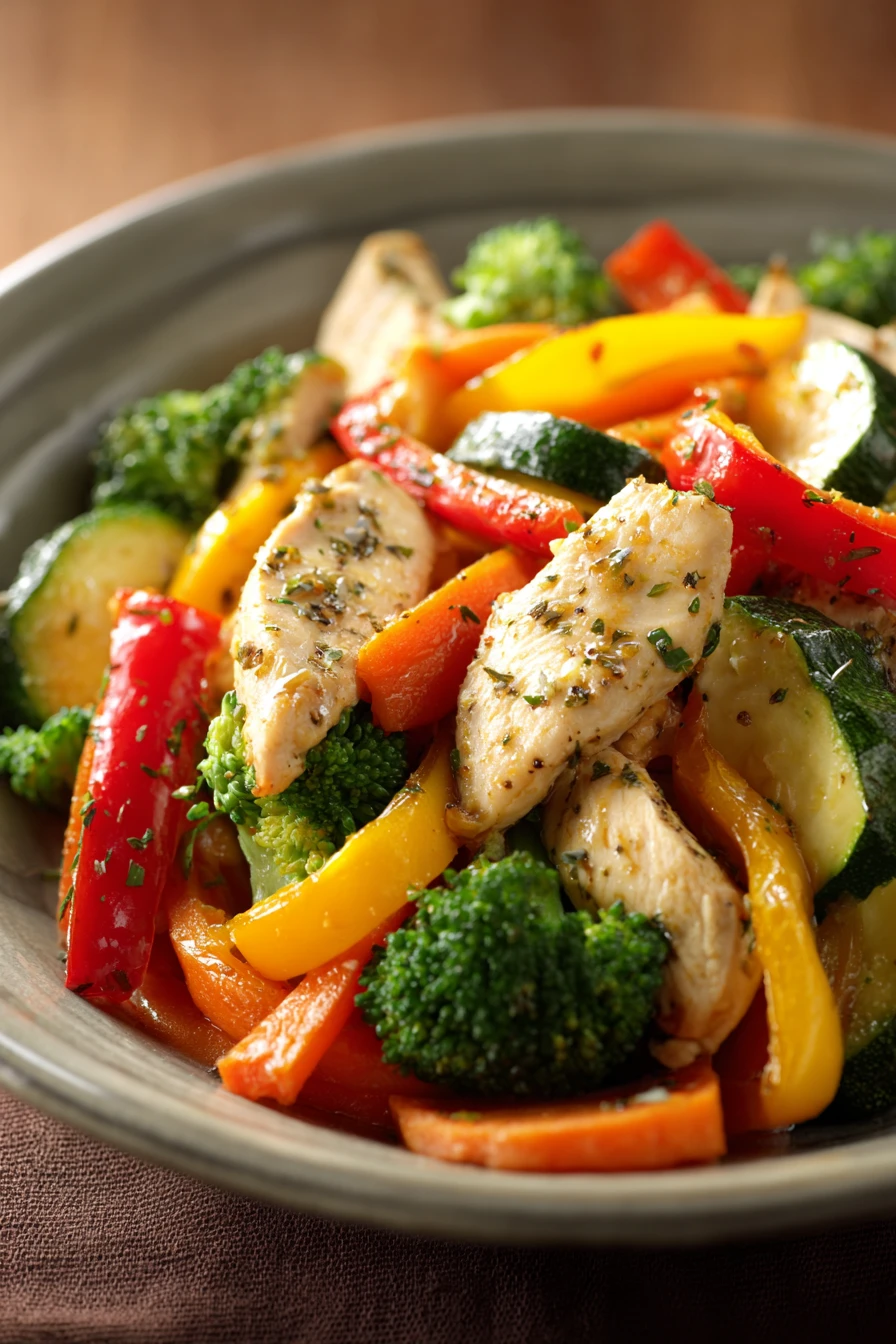 Close-up of a low calorie chicken and veggie dish with bright colors and clean presentation.
