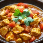 Close-up of a vibrant low calorie chicken curry with creamy sauce and herbs.