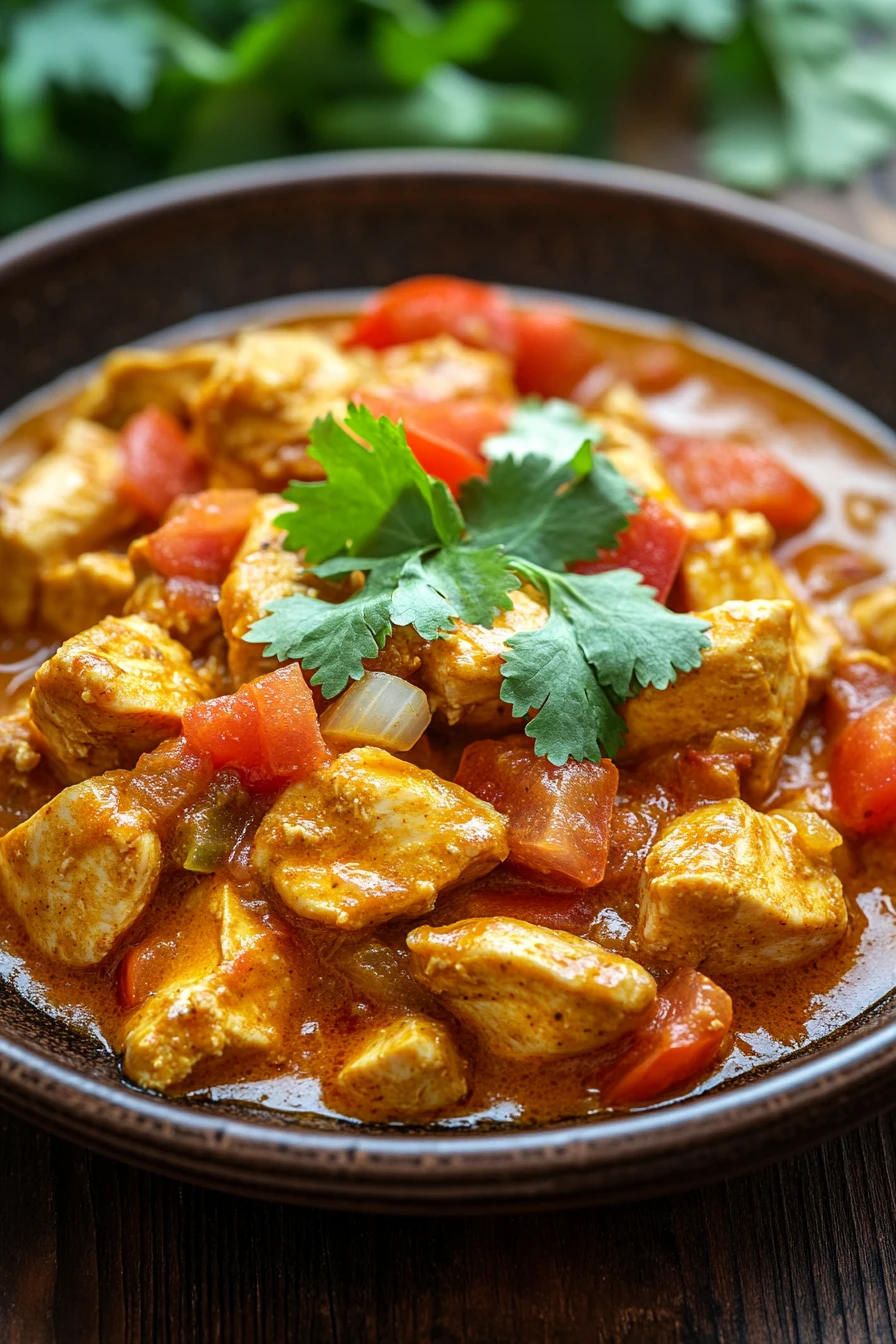 Close-up of a vibrant low calorie chicken curry with creamy sauce and herbs.
